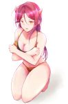  1girl animal_print barefoot bikini breasts cleavage collarbone covering covering_one_breast full_body hair_between_eyes horns hzk kneeling long_hair looking_at_viewer love_live! love_live!_sunshine!! medium_breasts open_mouth print_bikini redhead sakurauchi_riko shiny shiny_hair simple_background solo swimsuit tiger_print white_background yellow_bikini yellow_eyes 