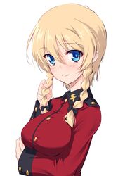  1girl alternate_hairstyle black_bow blonde_hair blue_eyes bow braid breast_hold breasts closed_mouth commentary darjeeling epaulettes eyebrows_visible_through_hair girls_und_panzer hair_bow hand_in_hair highres jacket kuzuryuu_kennosuke light_blush long_sleeves looking_at_viewer military military_uniform red_jacket short_hair short_hair_with_long_locks simple_background smile solo st._gloriana&#039;s_military_uniform twin_braids uniform upper_body white_background 