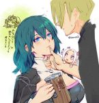  1boy 3girls aurastack beer_mug blonde_hair blue_eyes blue_hair byleth closed_mouth cup dimitri_alexandre_bladud_(fire_emblem) edelgard_von_hresvelgr_(fire_emblem) fire_emblem fire_emblem:_three_houses hand_on_another&#039;s_face holding holding_cup multiple_girls nintendo open_mouth short_hair simple_background sothis twitter_username white_background 