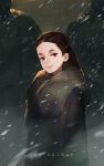  1girl a_song_of_ice_and_fire artist_name brown_eyes brown_hair coat daible fur_trim game_of_thrones highres long_hair lyanna_mormont snowing solo 