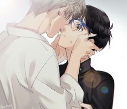  2boys 846kazuya black_hair black_shirt blue-framed_eyewear blurry bokeh brown_eyes crying crying_with_eyes_open depth_of_field dress_shirt facing_away fingernails forehead-to-forehead glasses gradient gradient_background grey_background grey_hair jewelry katsuki_yuuri looking_away male_focus multiple_boys ring shirt simple_background tears upper_body viktor_nikiforov white_background white_shirt wide-eyed yaoi yuri!!!_on_ice 