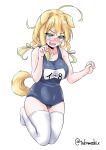  1girl ahoge animal_ears blonde_hair blue_ribbon breasts collarbone dog_ears dog_tail fang full_body glasses hair_ribbon highres i-8_(kantai_collection) kantai_collection large_breasts looking_at_viewer low_twintails medium_hair name_tag no_hat no_headwear one-piece_swimsuit open_mouth red-framed_eyewear ribbon school_swimsuit semi-rimless_eyewear simple_background smile solo standing swimsuit tail takomeshi thigh-highs twintails twitter_username under-rim_eyewear white_background white_legwear 