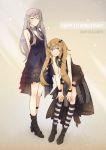  2girls absurdres alternate_costume artist_request boots brown_hair character_name commentary_request dress english_text eyebrows_visible_through_hair girls_frontline grey_hair highres multiple_girls red_eyes scar scar_across_eye siblings sisters sleeveless sleeveless_dress smile socks striped striped_legwear twins twintails ump45_(girls_frontline) ump9_(girls_frontline) yellow_eyes 