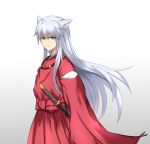  1girl animal_ears brown_eyes dog_ears floating_hair gradient gradient_background grey_background hair_between_eyes inuyasha inuyasha_(character) japanese_clothes kimono long_hair looking_at_viewer red_kimono roi_(liu_tian) sheath sheathed silver_hair solo standing sword v-shaped_eyebrows very_long_hair weapon white_background 