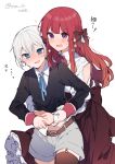  1boy 1girl :d belt black_jacket blue_eyes blue_ribbon bow braid brown_bow clothing_cutout collared_shirt grey_hair grey_shorts hair_bow height_difference hetero hug hug_from_behind ikeuchi_tanuma jacket long_sleeves neck_ribbon open_mouth original red_neckwear red_ribbon red_skirt redhead ribbon shirt shorts shoulder_cutout skirt smile sparkle standing sweat thigh-highs twitter_username violet_eyes white_shirt wing_collar 