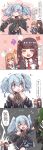  4girls 4koma =_= a_bao absurdres blue_hair blush blush_stickers brown_hair chinese_text closed_eyes closed_mouth comic commentary_request girls_frontline green_hair highres m1903_springfield_(girls_frontline) m950a_(girls_frontline) multiple_girls pa-15_(girls_frontline) purple_hair spit_take spitting surprised translation_request wa2000_(girls_frontline) 