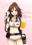  1girl 2018 :d alcohol beer birthday breasts brown_hair character_name collarbone cowboy_shot crop_top dated eyebrows_visible_through_hair gradient gradient_background green_eyes hair_ornament hairclip happy_birthday highres himekawa_yuki idolmaster idolmaster_cinderella_girls legs_apart long_hair looking_at_viewer medium_breasts navel open_mouth ponytail sakaki_imasato short_sleeves shorts sidelocks smile solo teeth white_shorts 