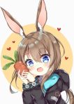 1girl :d absurdres amiya_(arknights) animal_ear_fluff animal_ears arknights bangs black_jacket blue_eyes blush brown_background brown_hair carrot commentary_request eyebrows_visible_through_hair food grey_background hair_between_eyes hands_up heart heart-shaped_pupils highres holding holding_food hood hood_down hooded_jacket jacket ju_(a793391187) long_hair looking_at_viewer open_mouth rabbit_ears smile solo symbol-shaped_pupils two-tone_background upper_body