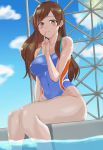  1girl blue_sky blue_swimsuit brown_eyes brown_hair clouds collarbone competition_swimsuit covered_navel fence highres idolmaster idolmaster_cinderella_girls idolmaster_cinderella_girls_starlight_stage index_finger_raised long_hair looking_at_viewer nitta_minami one-piece_swimsuit sitting sky smile solo sun swimsuit yuhica 