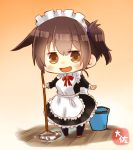  1girl alternate_costume apron artist_name black_dress brown_eyes brown_hair bucket chibi commentary_request dress enmaided frilled_apron frilled_dress frills full_body gradient gradient_background highres kaga_(kantai_collection) kantai_collection looking_at_viewer maid maid_apron maid_headdress mop orange_background short_hair side_ponytail smile solo taisa_(kari) white_apron wooden_floor 