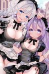  2girls ahoge apron azur_lane bangs black_panties blue_eyes blush braid breasts cleavage commentary_request detached_collar double-breasted flower gloves hair_between_eyes hair_flower hair_ornament hand_on_another&#039;s_head illustrious_(azur_lane) large_breasts long_hair looking_at_viewer maeha maid maid_headdress mole mole_under_eye multiple_girls panties petticoat puffy_short_sleeves puffy_sleeves purple_hair short_sleeves side-tie_panties silver_hair smile thigh-highs underwear unicorn_(azur_lane) violet_eyes waist_apron white_gloves white_legwear 