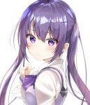  1girl blush eyebrows_visible_through_hair floating_hair from_side gochuumon_wa_usagi_desu_ka? hair_between_eyes highres kichi_(kichifav) long_hair long_sleeves looking_at_viewer purple_hair purple_neckwear rabbit_house_uniform shiny shiny_hair shirt simple_background solo tedeza_rize upper_body very_long_hair violet_eyes white_background white_shirt 