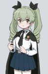  1girl anchovy anzio_school_uniform bangs belt black_belt black_cape black_neckwear black_ribbon black_skirt cape closed_mouth commentary cowboy_shot dress_shirt drill_hair emblem eyebrows_visible_through_hair girls_und_panzer green_hair grey_background hair_ribbon holding light_blush long_hair long_sleeves looking_at_viewer miniskirt necktie nogitatsu pantyhose pleated_skirt red_eyes ribbon riding_crop school_uniform shirt simple_background skirt smile solo standing twin_drills twintails white_legwear white_shirt 