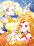  2girls blonde_hair dress earrings jewelry multiple_girls one_eye_closed orange_eyes parody ponytail pose precure princess_libra_(precure) princess_scorpio_(precure) scorpion_ponytail sleeveless sleeveless_dress star star-shaped_pupils star_princess star_twinkle_precure super_sentai symbol-shaped_pupils tj-type1 uchuu_sentai_kyuuranger yellow_eyes 