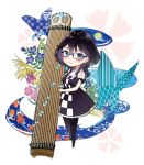  1girl bangs bare_arms bare_shoulders black_dress black_footwear black_hair black_legwear blue-framed_eyewear blue_eyes blue_flower blush breasts bug butterfly checkered chibi closed_mouth dress eyebrows_visible_through_hair flower glasses hair_between_eyes holding holding_instrument insect instrument koto_(instrument) long_hair looking_at_viewer medium_breasts miyabi_akino nadeshiko_doremisora pantyhose pink_flower semi-rimless_eyewear shoes sleeveless sleeveless_dress smile solo togawa_kano under-rim_eyewear 