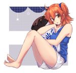  1girl barefoot blue_hair blue_shirt breast_press breasts brown_eyes cleavage collarbone eyebrows_visible_through_hair fate/grand_order fate_(series) from_side fujimaru_ritsuka_(female) full_body hair_between_eyes looking_at_viewer medium_breasts nm222 one_side_up open_mouth orange_hair pillow pillow_hug shirt short_hair short_shorts shorts sitting sleeveless sleeveless_shirt solo white_background white_shorts 