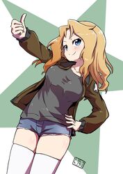  1girl artist_name black_shirt blonde_hair blue_eyes blue_shorts bob_(you-u-kai) breasts brown_jacket closed_mouth commentary cutoffs denim denim_shorts dutch_angle emblem girls_und_panzer hair_intakes hand_on_hip head_tilt highres jacket kay_(girls_und_panzer) long_hair long_sleeves medium_breasts military military_uniform open_clothes open_jacket saunders_military_uniform shirt short_shorts shorts signature skindentation smile solo star starry_background thigh-highs thighs thumbs_up uniform white_legwear 