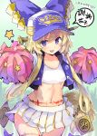  1girl :3 :d bangs baseball_cap blonde_hair blue_headwear commentary_request cowboy_shot crop_top green_background hat holding holding_pom_poms jacket last_period looking_at_viewer midriff miniskirt navel open_clothes open_jacket open_mouth pleated_skirt pom_poms puuakachan shirt short_hair_with_long_locks simple_background skirt smile solo speech_bubble standing star stomach tail translation_request uuryuu_(last_period) violet_eyes white_shirt white_skirt 