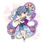  1girl bangs bare_shoulders blue_dress blue_hair blush character_request cherry_blossom_print chibi closed_mouth dress eyebrows_visible_through_hair floral_print flute hair_ornament head_tilt holding holding_instrument instrument looking_at_viewer lowres miyabi_akino music nadeshiko_doremisora playing_instrument pleated_dress purple_scarf scarf short_hair short_twintails sleeveless sleeveless_dress smile solo twintails violet_eyes 