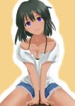  1girl :d black_hair blue_shorts blush breasts brown_background cleavage collarbone dark_skin ginnote hair_between_eyes halterneck head_tilt idolmaster idolmaster_cinderella_girls medium_breasts medium_hair natalia_(idolmaster) open_mouth shiny shiny_hair shirt short_shorts short_sleeves shorts sitting sketch smile solo violet_eyes white_shirt 