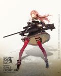  1girl ask_(askzy) ass_visible_through_thighs black_gloves boots breasts character_request cleavage cleavage_cutout closed_mouth dress girls_frontline gloves green_eyes gun hair_ribbon hairband high_heel_boots high_heels highres long_hair medium_breasts official_art pink_hair red_legwear ribbon rifle smile sniper_rifle solo standing thigh-highs thigh_pouch weapon 