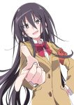  1girl amakusa_shino black_hair blush bow bowtie eyebrows_visible_through_hair hair_between_eyes hand_on_hip ixy long_hair long_sleeves looking_at_viewer open_mouth red_neckwear school_uniform seitokai_yakuindomo simple_background smile solo violet_eyes white_background 