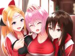  3girls :d ^_^ absurdres bangs black_bow black_eyes blue_eyes blurry blurry_background blush bow breasts cafe closed_eyes closed_eyes collarbone damao_yu day eyebrows_visible_through_hair fang feeding hair_bow head_tilt headband highres holding holding_spoon hug indoors jacket large_breasts long_hair long_sleeves looking_at_another multicolored multicolored_eyes multicolored_hair multiple_girls open_mouth original pink_eyes pink_hair red_bow redhead short_hair sidelocks sitting skin_fang smile spoon streaked_hair sunlight window zipper 