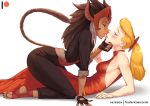  2girls adora_(she-ra) animal_ears arm_grab arm_support black_gloves black_jacket black_nails black_pants blonde_hair blue_eyes blush bow breasts brown_hair cat_ears cat_tail catra claws commentary dark_skin dress english_commentary fingerless_gloves frederico_escorsin gloves hair_bow half-closed_eyes halterneck hand_on_another&#039;s_chin headdress imminent_kiss jacket kneeling leaning_forward lips logo long_hair long_sleeves lying medium_breasts multiple_girls nail_polish on_back on_bed pants patreon_username ponytail red_bow red_dress red_footwear red_shirt shadow she-ra_and_princesses_of_power shirt simple_background sleeves_rolled_up spats_(footwear) tail white_background yuri 