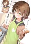  1girl absurdres apron blush brown_hair closed_mouth collarbone cooking curry eyebrows eyelashes food green_apron hair_ornament hairclip highres looking_at_viewer mouth multiple_views open_mouth original piyomi pot school_uniform short_hair speech_bubble stove sweatdrop sweater yellow_eyes 