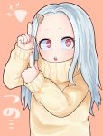  1girl :o absurdres bangs boku_no_hero_academia child commentary_request dress eri_(boku_no_hero_academia) highres horn huge_filesize jipponwazaari long_hair long_sleeves looking_at_viewer orange_background parted_bangs pointing red_eyes simple_background solo sweater translated upper_body upper_teeth white_hair 