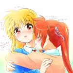  2girls alternate_costume blonde_hair blush closed_eyes collared_shirt couple embarrassed fate_testarossa happy hug kerorokjy long_hair looking_at_another lyrical_nanoha mahou_shoujo_lyrical_nanoha_strikers multiple_girls neck necktie nuzzle open_mouth orange_hair ponytail red_eyes shirt side_ponytail simple_background smile sweater takamachi_nanoha translation_request very_long_hair white_background yuri 