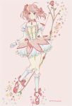  1girl artist_name bow_(weapon) breasts bubble_skirt buttons choker colorful expressionless eyebrows_visible_through_hair floating_hair flower frilled_skirt frills full_body gloves hair_ribbon highres kaname_madoka leaf looking_at_viewer mahou_shoujo_madoka_magica mitsuko_(325) multicolored multicolored_background neck_ribbon parted_lips pink_eyes pink_hair puffy_short_sleeves puffy_sleeves red_flower red_footwear red_ribbon red_rose ribbon rose short_hair short_sleeves short_twintails simple_background skirt small_breasts socks solo soul_gem sparkle sparkle_background standing standing_on_one_leg star starry_background twintails weapon white_background white_gloves white_legwear 