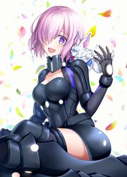  1girl armor armored_dress black_armor black_legwear black_leotard breasts cleavage elbow_gloves fate/grand_order fate_(series) fou_(fate/grand_order) gloves hair_over_one_eye lavender_hair leotard looking_at_viewer mash_kyrielight medium_breasts nina_(pastime) ortenaus pink_hair shield short_hair thigh-highs violet_eyes 