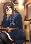  1girl absurdres akuta_hinako bangs black-framed_eyewear black_legwear blue_sailor_collar blue_shirt blue_skirt blurry blurry_background braid breasts brown_hair chair closed_mouth commentary_request elbow_rest eyebrows_visible_through_hair fate/grand_order fate_(series) glasses hair_between_eyes hand_in_hair hand_up head_on_hand hidebuu highres indoors long_hair long_sleeves looking_at_viewer on_chair pleated_skirt red_eyes revision sailor_collar school_uniform serafuku shirt sidelocks single_braid sitting skirt solo stable thigh-highs twintails very_long_hair wooden_chair zettai_ryouiki 