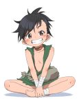  1girl bandage barefoot black_hair brown_eyes bubukka collarbone commentary_request dororo_(character) dororo_(tezuka) eyebrows_visible_through_hair fang flat_chest full_body grin looking_at_viewer simple_background sitting smile solo teeth white_background 