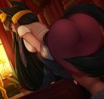  1girl animal_ears anubis_(monster_girl_encyclopedia) ass bent_over black_hair blurry blurry_background bookshelf commentary dark_skin depth_of_field english_commentary from_behind fur highres indoors jackal_ears jackal_tail long_hair looking_at_viewer looking_back merunyaa monster_girl monster_girl_encyclopedia patreon_username paws pencil_skirt pixiv_username plant potted_plant red_eyes shirt short_sleeves signature skirt solo tail white_shirt 