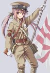  1girl absurdres anchor_symbol ankle_wrap arisaka arm_up bag belt bolt_action canteen flag flagpole gloves gun hair_ribbon hat highres holding holding_flag imperial_japanese_navy japanese_flag long_hair longmei_er_de_tuzi looking_at_viewer military military_uniform open_mouth original peaked_cap purple_hair ribbon rifle rising_sun satchel sling smile soldier solo sunburst twintails uniform violet_eyes weapon weapon_on_back white_gloves world_war_ii 
