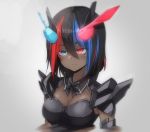  1girl bangs black_armor black_bow black_hair black_neckwear blue_eyes blue_hair blurry bow bowtie breasts cleavage closed_mouth commentary dark_skin detached_collar eki_doki expressionless genderswap genderswap_(mtf) glowing grey_background hair_between_eyes headgear heterochromia highres instagram_username kamen_rider kamen_rider_build kamen_rider_build_(series) looking_away medium_breasts medium_hair multicolored_hair red_eyes redhead rider-tan shiny shiny_hair shoulder_armor solo streaked_hair tsurime upper_body 