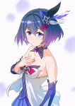  1girl bangs bare_shoulders blue_eyes blue_hair blush breasts cleavage detached_sleeves dress eyebrows_visible_through_hair gotointhepark hair_between_eyes hair_ornament hand_on_own_chest highres honkai_(series) honkai_impact_3rd looking_at_viewer medium_breasts multicolored_hair purple_hair seele_vollerei short_hair smile solo tattoo upper_body 