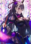 1girl bangs black_dress breasts brown_hair closed_mouth cowboy_shot curly_hair double_bun dress fate/grand_order fate_(series) frills gem grey_background hair_between_eyes hair_ornament holding holding_paintbrush large_breasts long_hair long_sleeves looking_at_viewer murasaki_shikibu_(fate) paintbrush puffy_sleeves rods solo standing striped two_side_up vertical-striped_dress vertical_stripes very_long_hair violet_eyes wide_sleeves 