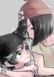  1boy 1girl absurdres black_eyes black_hair black_headwear creatures_(company) eye_contact flat_chest game_freak highres looking_at_another moon_(pokemon) nintendo pokemon pokemon_special red_headwear simple_background sun_(pokemon) 