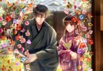  1boy 1girl black_hair blurry blurry_background book bow brown_hair closed_eyes day fan folding_fan glasses hair_bow hand_up hetero highres izumi_(stardustalone) japanese_clothes kimono long_hair looking_at_another original outdoors pink_kimono renri_no_chigiri_wo_kimi_to_shiru smile standing upper_body wide_sleeves 