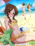  &gt;_&lt; 3girls :d arm_support ball barefoot beach beach_towel beach_umbrella beachball bikini blush bottle bow breasts brown_eyes brown_hair cleavage clouds collarbone commentary_request day erect_nipples floral_print footprints frilled_bikini frills full_body green_jacket hair_bow hair_bun hair_ornament hair_scrunchie halter_top halterneck high_ponytail highres hino_akane_(idolmaster) honda_mio idolmaster idolmaster_cinderella_girls jacket kezune_(i-_-i) large_breasts long_hair long_sleeves looking_at_viewer medium_breasts multiple_girls navel ocean open_clothes open_jacket open_mouth orange_bikini outdoors ponytail sand sandals sandals_removed scrunchie short_hair sitting sky small_breasts smile standing stomach swimsuit takamori_aiko towel umbrella water water_bottle water_gun xd yellow_bikini 