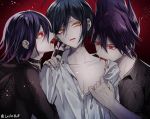  3boys artist_name biting black_collar black_shirt blood collar collarbone commentary_request dangan_ronpa eyebrows_visible_through_hair fangs from_side hair_between_eyes hand_on_shoulder long_sleeves male_focus medium_hair momota_kaito multiple_boys new_dangan_ronpa_v3 open_clothes open_shirt ouma_kokichi purple_hair red_background red_eyes saihara_shuuichi shirt short_hair tongue tongue_out twitter_username vampire white_shirt yaoi yellow_eyes z-epto_(chat-noir86) 