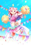  1girl bangs blue_sky crop_top cure_yell daisy floating_hair flower full_body hair_flower hair_ornament hair_ribbon heart heart_hair_ornament highres hugtto!_precure jumping lazy_orange long_hair looking_at_viewer midriff miniskirt navel nono_hana pink_eyes pink_hair pink_skirt pleated_skirt pom_poms precure red_ribbon ribbon see-through short_sleeves shoulder_cutout skirt sky solo stomach sunlight thigh-highs white_flower white_legwear 