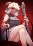  1girl ass bare_shoulders breasts crossed_legs curly_hair eyebrows_behind_hair feet_out_of_frame from_below gradient gradient_background grin highres horns looking_at_viewer medium_breasts medium_hair red_background red_eyes simple_background sitting smile solo suzuya_(maru) touhou toutetsu_yuuma white_hair 