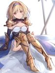  1girl alisia0812 arm_support armored_boots black_gloves black_legwear black_sleeves blonde_hair blue_hairband blue_skirt boots breasts brown_eyes cleavage detached_sleeves djeeta_(granblue_fantasy) gloves granblue_fantasy hair_between_eyes hairband highres long_skirt long_sleeves looking_at_viewer medium_breasts short_hair shoulder_armor signature simple_background sitting skirt smile solo spaulders strapless sword thigh-highs thigh_boots weapon white_background yellow_footwear 