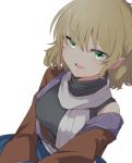  1girl aoi_(annbi) blonde_hair commentary eyebrows_visible_through_hair green_eyes highres looking_at_viewer mizuhashi_parsee open_mouth pointy_ears scarf simple_background solo touhou white_background white_scarf 