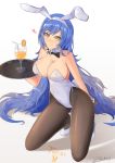  1girl absurdres animal_ears artist_name black_legwear black_neckwear blue_hair bow bowtie bunny_girl bunny_tail bunnysuit commentary cup denkouseka_akaiken detached_collar drinking_glass drinking_straw engrish_commentary food fruit full_body girls_frontline high_heels highres juice kneeling leotard long_hair orange orange_slice pantyhose rabbit_ears robot_ears signature simple_background solo strapless strapless_leotard tail tar-21_(girls_frontline) tray white_background white_footwear white_leotard wine_glass wrist_cuffs yellow_eyes 