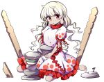  1girl baba_(baba_seimaijo) barefoot blonde_hair commentary_request earlobes ebisu_eika frills highres long_hair looking_at_viewer puffy_short_sleeves puffy_sleeves red_eyes rock short_sleeves sitting skirt solo stone touhou wariza white_background 